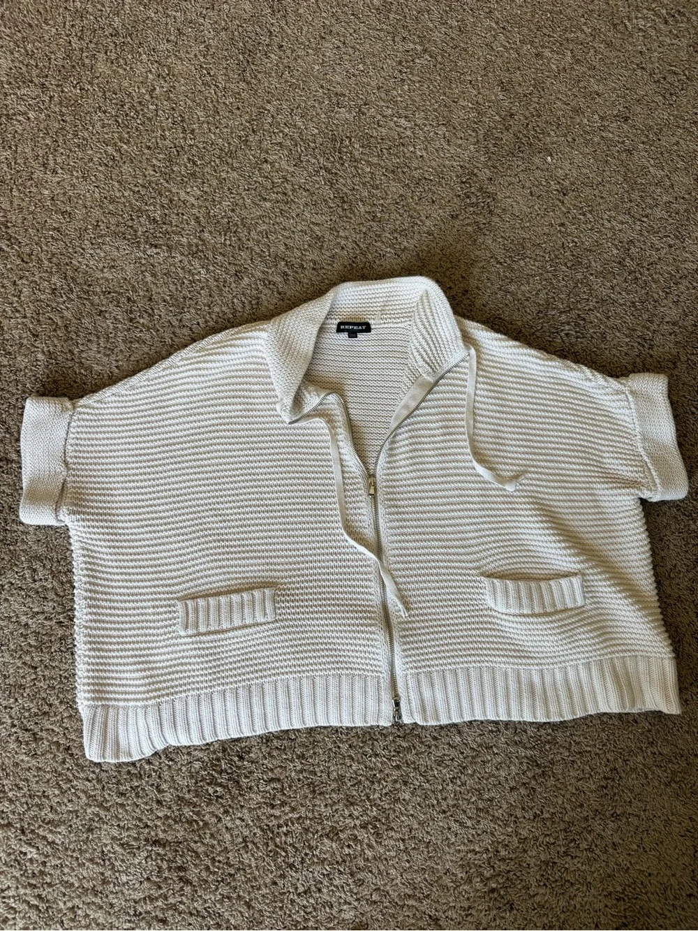 REPEAT Cream Knit Zip-Front Short Sleeve Cardigan O/S - Picture 1 of 7